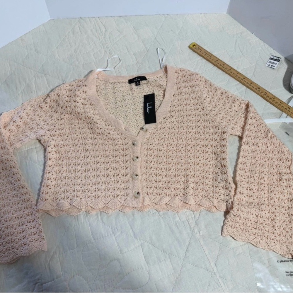 Lulu's Peach Cream Knit Crochet Crop Cardigan